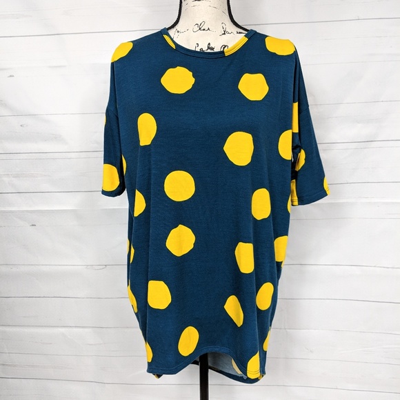 LuLaRoe Tops - ♥️LulaRoe Irma Top Teal and Yellow Polka Dots